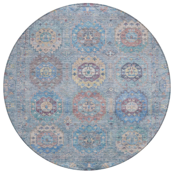 HomeRoots 8' Blue Wheat Copper Round Medallion Rug - Washable, Durable, Stylish Indoor Outdoor Area Accent 639403