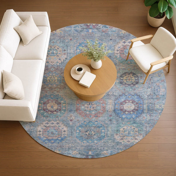 HomeRoots 8' Blue Wheat Copper Round Medallion Rug - Washable, Durable, Stylish Indoor Outdoor Area Accent 639403