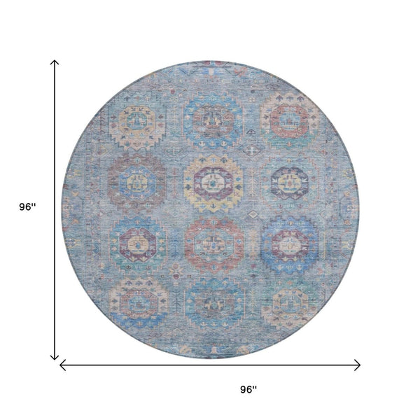 HomeRoots 8' Blue Wheat Copper Round Medallion Rug - Washable, Durable, Stylish Indoor Outdoor Area Accent 639403