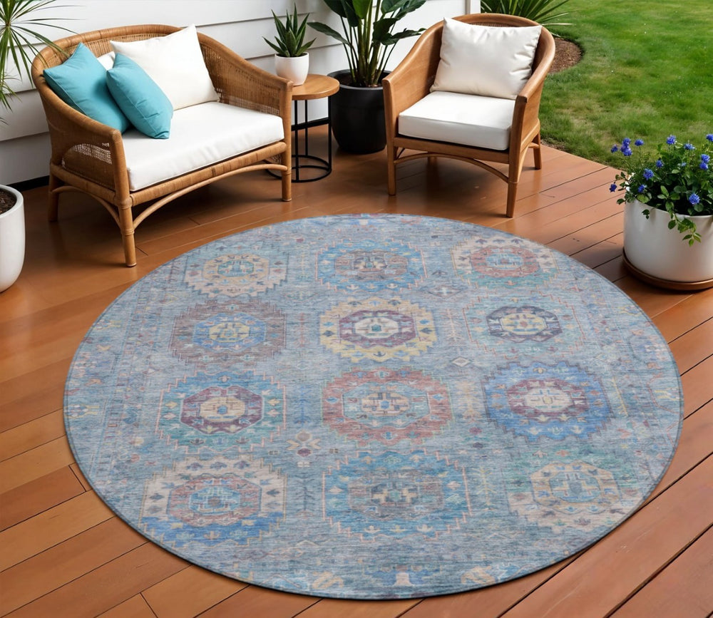 HomeRoots 8' Blue Wheat Copper Round Medallion Rug - Washable, Durable, Stylish Indoor Outdoor Area Accent 639403