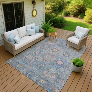 HomeRoots 8' X 10' Washable Medallion Area Rug in Blue, Wheat & Copper - Durable for Indoor & Outdoor Use 639404