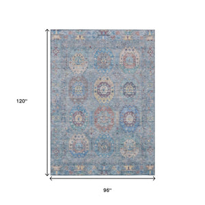 HomeRoots 8' X 10' Washable Medallion Area Rug in Blue, Wheat & Copper - Durable for Indoor & Outdoor Use 639404