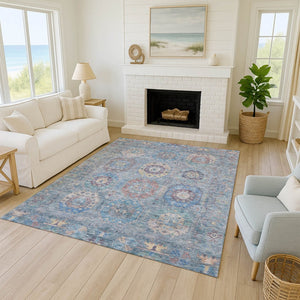 HomeRoots 8' X 10' Washable Medallion Area Rug in Blue, Wheat & Copper - Durable for Indoor & Outdoor Use 639404