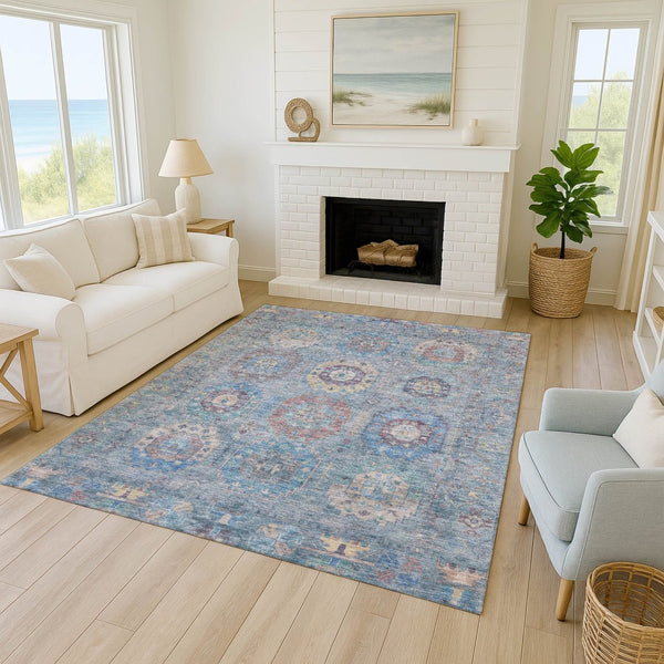 HomeRoots 8' X 10' Washable Medallion Area Rug in Blue, Wheat & Copper - Durable for Indoor & Outdoor Use 639404