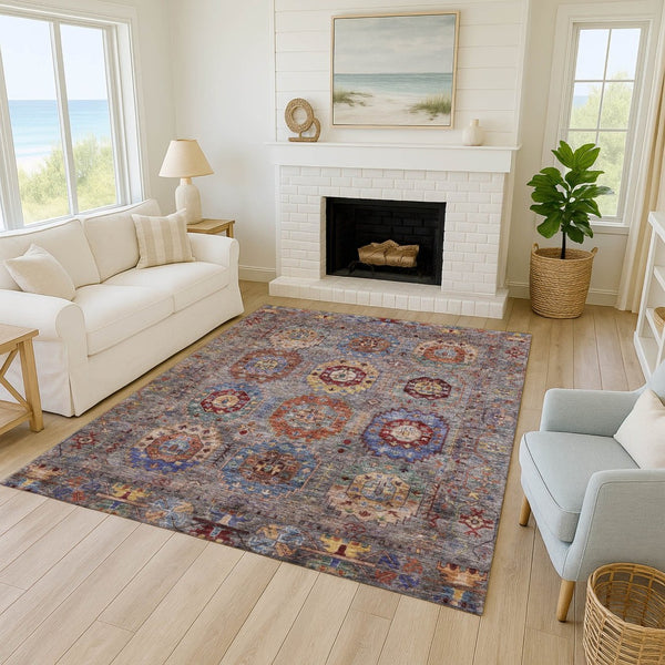 HomeRoots 5' Washable Gray Burgundy Gold Medallion Area Rug - Stylish Indoor/Outdoor Décor for Any Space 639408