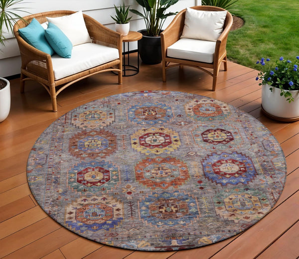 HomeRoots 8' Round Medallion Area Rug in Gray, Burgundy & Gold – Washable, Stain-Resistant for Indoor/Outdoor Use 639409