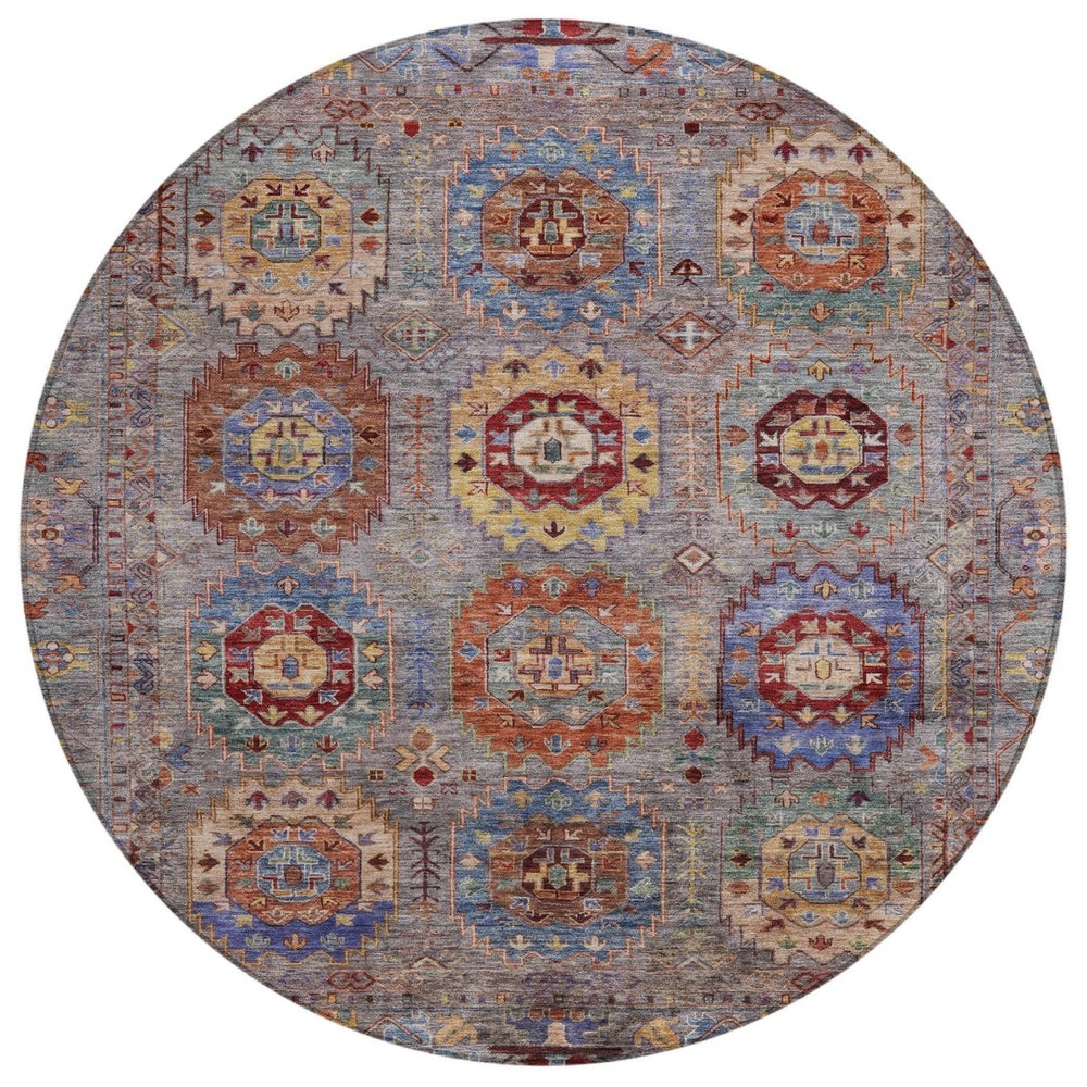 HomeRoots 8' Round Medallion Area Rug in Gray, Burgundy & Gold – Washable, Stain-Resistant for Indoor/Outdoor Use 639409