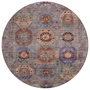HomeRoots 8' Round Medallion Area Rug in Gray, Burgundy & Gold – Washable, Stain-Resistant for Indoor/Outdoor Use 639409
