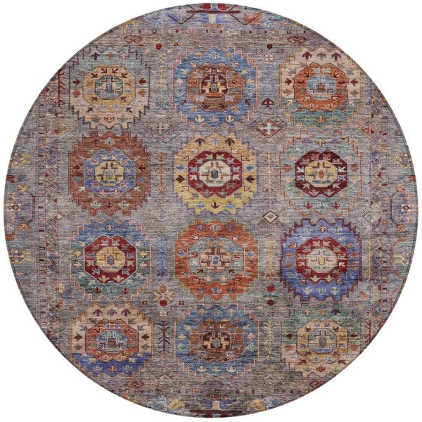 HomeRoots 8' Round Medallion Area Rug in Gray, Burgundy & Gold – Washable, Stain-Resistant for Indoor/Outdoor Use 639409