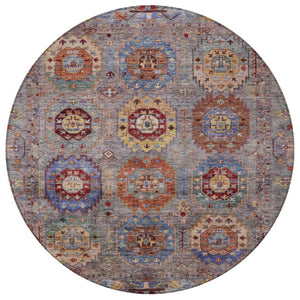 HomeRoots 8' Round Medallion Area Rug in Gray, Burgundy & Gold – Washable, Stain-Resistant for Indoor/Outdoor Use 639409