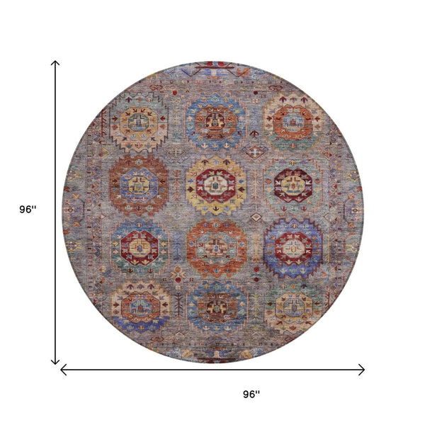 HomeRoots 8' Round Medallion Area Rug in Gray, Burgundy & Gold – Washable, Stain-Resistant for Indoor/Outdoor Use 639409