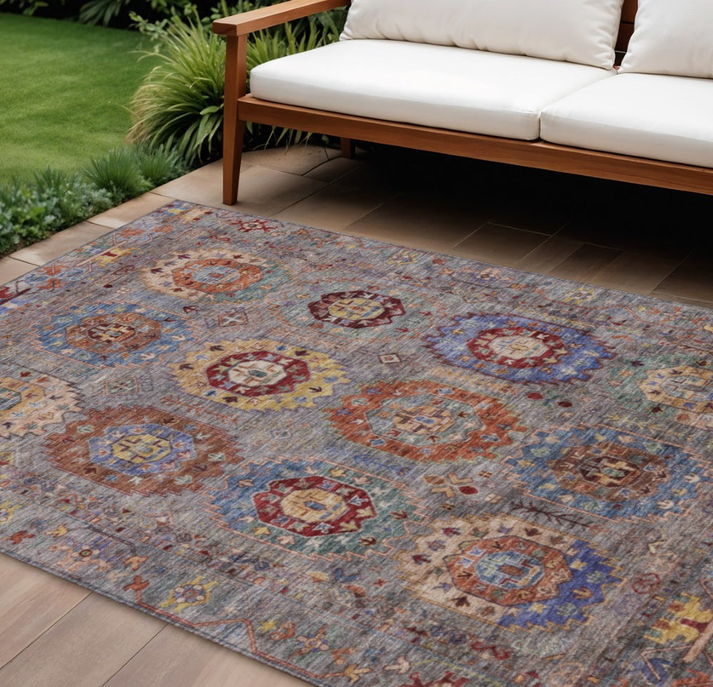 HomeRoots 10' Gray Burgundy and Gold Medallion Washable Rug – Durable, Stylish, Indoor/Outdoor Versatility! 639412