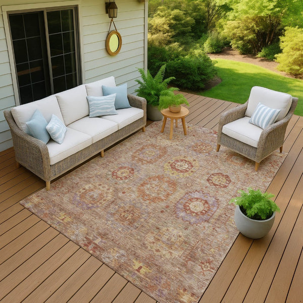 HomeRoots 5' X 8' Khaki Gold Burgundy Medallion Rug - Durable, Washable for Indoor & Outdoor Living Spaces 639414