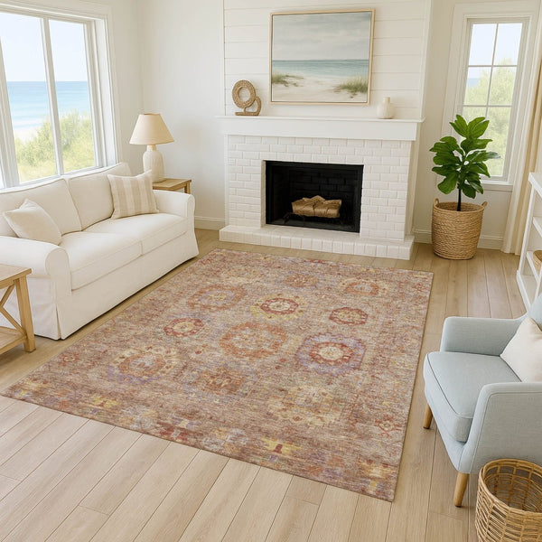 HomeRoots 5' X 8' Khaki Gold Burgundy Medallion Rug - Durable, Washable for Indoor & Outdoor Living Spaces 639414