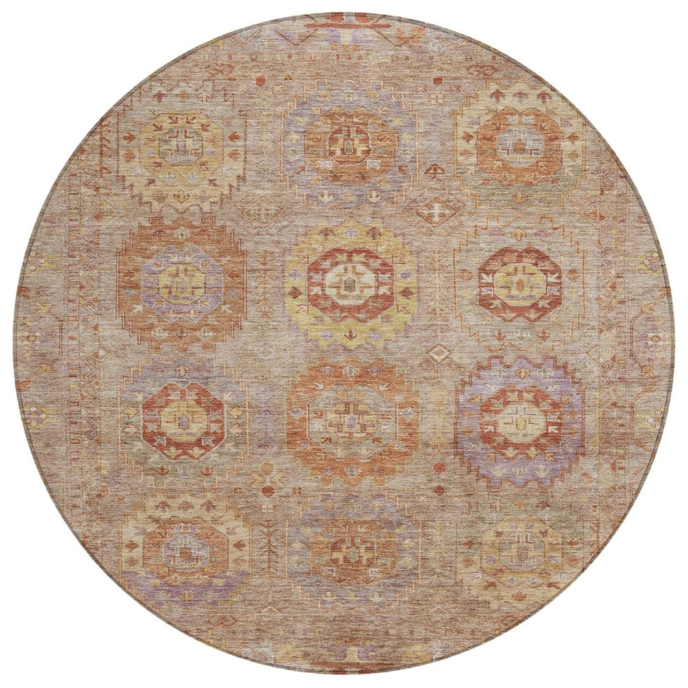 HomeRoots 8' Round Medallion Area Rug in Khaki Gold & Burgundy - Washable, Durable for Indoor & Outdoor Use 639415