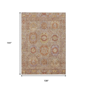 HomeRoots 9' Khaki Gold and Burgundy Medallion Area Rug - Washable, Durable for Indoor & Outdoor Use, 90"x12' 639417