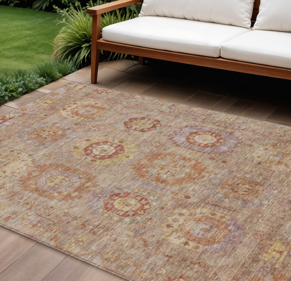 HomeRoots 10' X 14' Khaki Gold & Burgundy Medallion Rug – Stylish, Washable, Indoor/Outdoor Use for Any Space! 639418