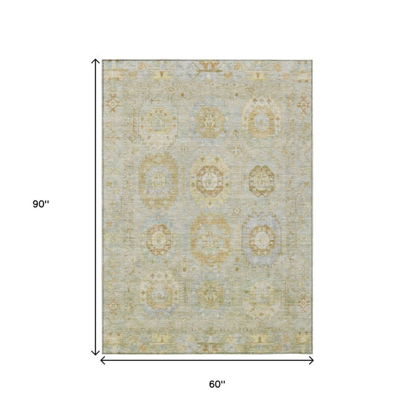 HomeRoots 5' X 8' Sage Green Medallion Washable Area Rug - Durable, Stylish for Indoor & Outdoor Use! 639420