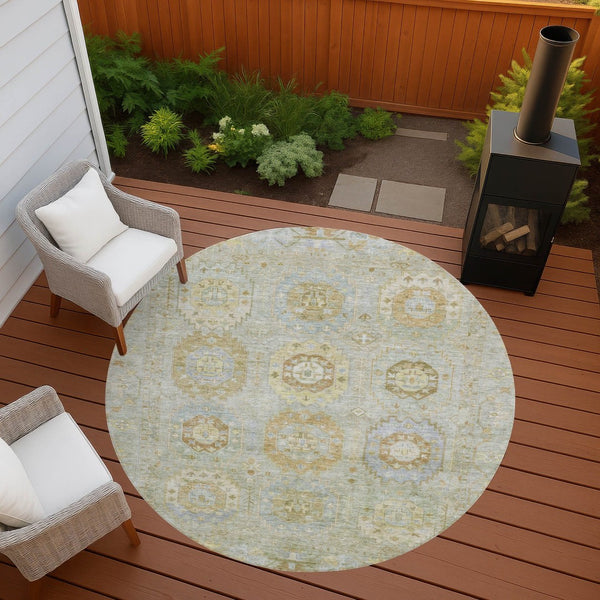 HomeRoots 8' Round Medallion Area Rug in Sage, Wheat & Artichoke Green – Washable & Durable for Indoor/Outdoor Use 639421