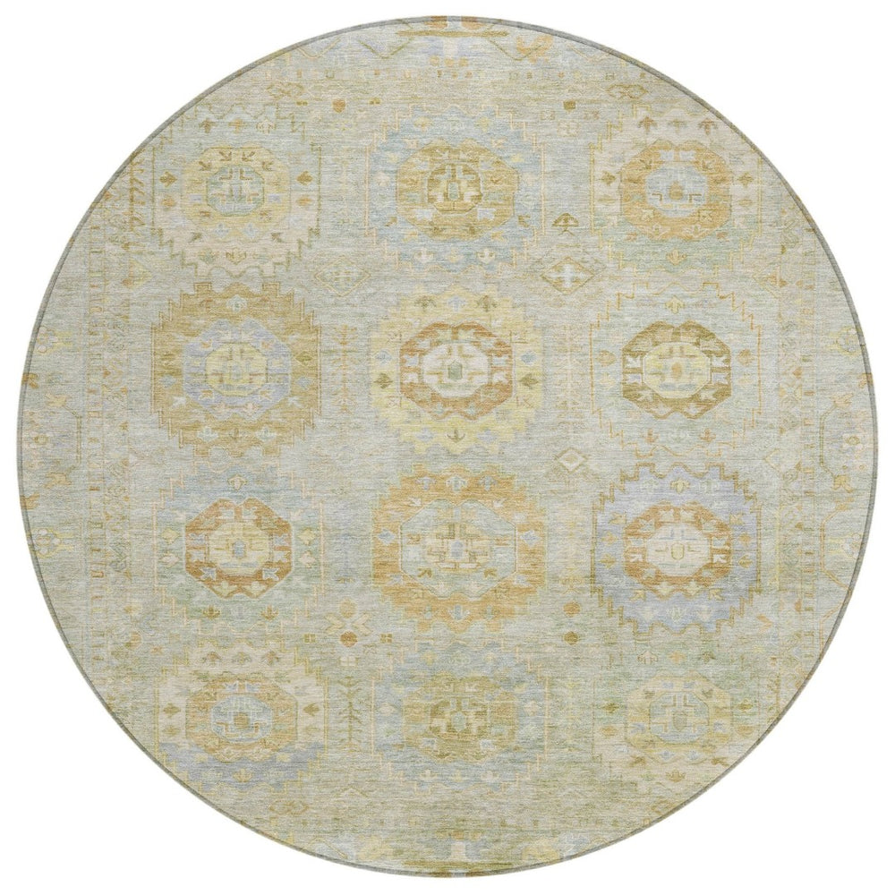 HomeRoots 8' Round Medallion Area Rug in Sage, Wheat & Artichoke Green – Washable & Durable for Indoor/Outdoor Use 639421