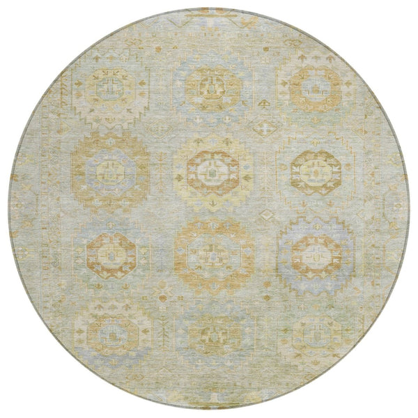 HomeRoots 8' Round Medallion Area Rug in Sage, Wheat & Artichoke Green – Washable & Durable for Indoor/Outdoor Use 639421