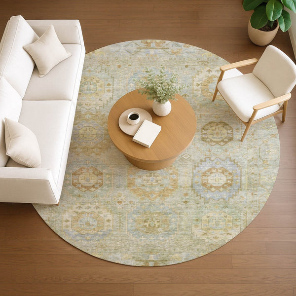 HomeRoots 8' Round Medallion Area Rug in Sage, Wheat & Artichoke Green – Washable & Durable for Indoor/Outdoor Use 639421