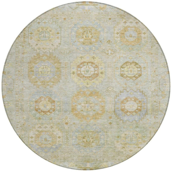 HomeRoots 8' Round Medallion Area Rug in Sage, Wheat & Artichoke Green – Washable & Durable for Indoor/Outdoor Use 639421