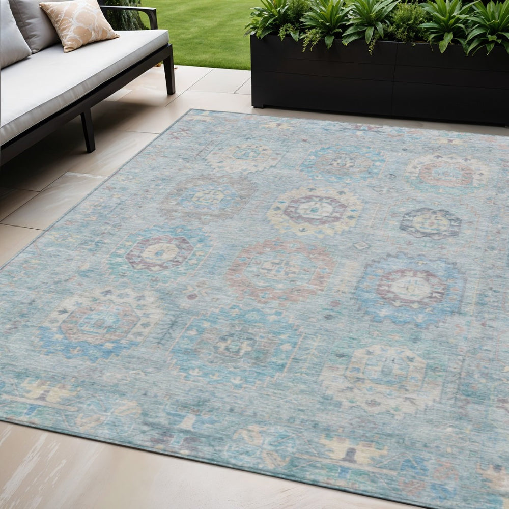 HomeRoots 5' X 8' Sky Blue Medallion Washable Area Rug for Indoor & Outdoor Spaces - Durable, Stylish & Easy Care 639426