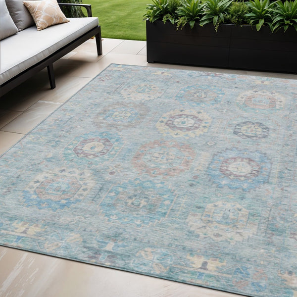 HomeRoots 5' X 8' Sky Blue Medallion Washable Area Rug for Indoor & Outdoor Spaces - Durable, Stylish & Easy Care 639426