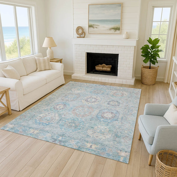 HomeRoots 5' X 8' Sky Blue Medallion Washable Area Rug for Indoor & Outdoor Spaces - Durable, Stylish & Easy Care 639426