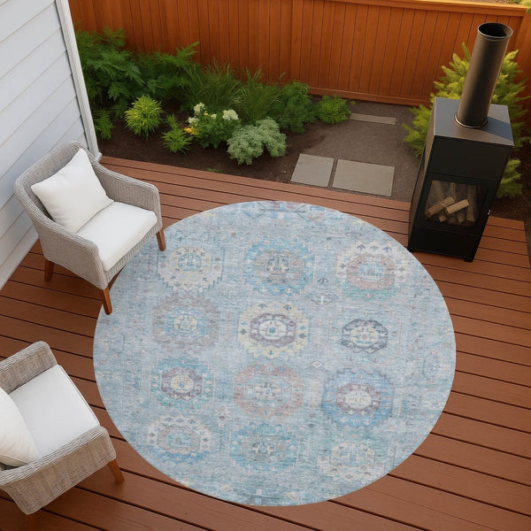 HomeRoots 8' Sky Blue, Beige & Blush Round Medallion Indoor-Outdoor Area Rug - Washable, Durable & Stylish! 639427