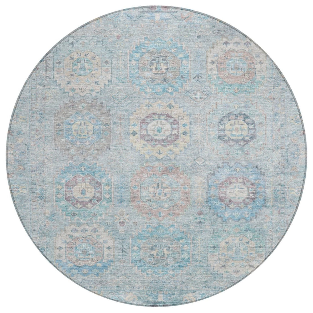HomeRoots 8' Sky Blue, Beige & Blush Round Medallion Indoor-Outdoor Area Rug - Washable, Durable & Stylish! 639427