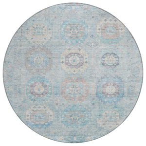 HomeRoots 8' Sky Blue, Beige & Blush Round Medallion Indoor-Outdoor Area Rug - Washable, Durable & Stylish! 639427