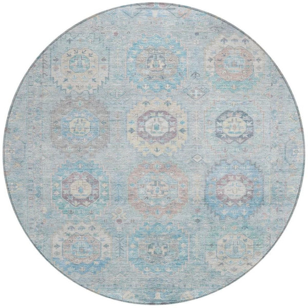 HomeRoots 8' Sky Blue, Beige & Blush Round Medallion Indoor-Outdoor Area Rug - Washable, Durable & Stylish! 639427
