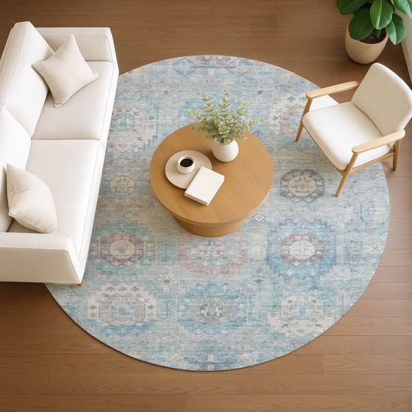 HomeRoots 8' Sky Blue, Beige & Blush Round Medallion Indoor-Outdoor Area Rug - Washable, Durable & Stylish! 639427