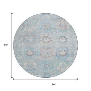 HomeRoots 8' Sky Blue, Beige & Blush Round Medallion Indoor-Outdoor Area Rug - Washable, Durable & Stylish! 639427