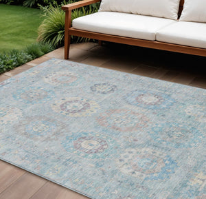HomeRoots 8' Stylish Sky Blue, Beige & Blush Medallion Washable Area Rug for Indoor & Outdoor Elegance 639428