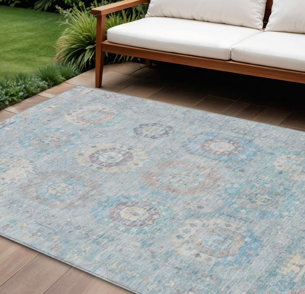 HomeRoots 8' Stylish Sky Blue, Beige & Blush Medallion Washable Area Rug for Indoor & Outdoor Elegance 639428