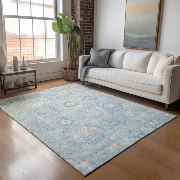 HomeRoots 9' X 12' Sky Blue Beige Blush Medallion Area Rug - Stylish, Washable & Durable for Indoor/Outdoor Use! 639429