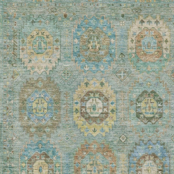HomeRoots 5' Teal Blue Gold Copper Medallion Washable Area Rug - Durable Indoor/Outdoor Design for Every Space 639432