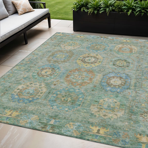 HomeRoots 5' Teal Blue Gold Copper Medallion Washable Area Rug - Durable Indoor/Outdoor Design for Every Space 639432