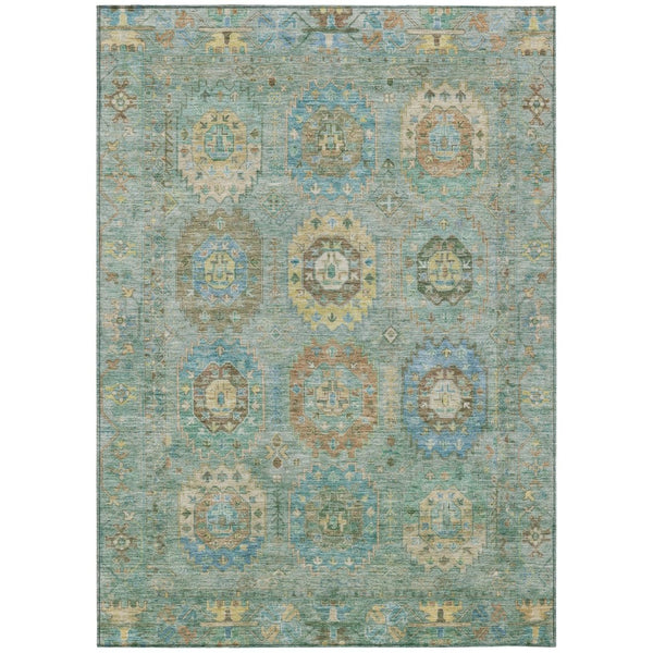 HomeRoots 5' Teal Blue Gold Copper Medallion Washable Area Rug - Durable Indoor/Outdoor Design for Every Space 639432