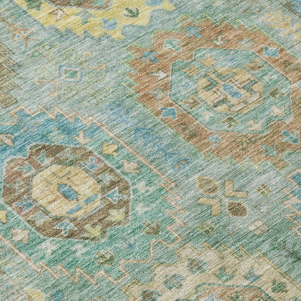 HomeRoots 5' Teal Blue Gold Copper Medallion Washable Area Rug - Durable Indoor/Outdoor Design for Every Space 639432