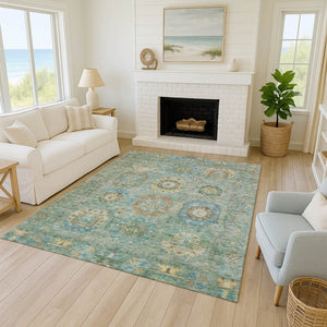 HomeRoots 5' Teal Blue Gold Copper Medallion Washable Area Rug - Durable Indoor/Outdoor Design for Every Space 639432
