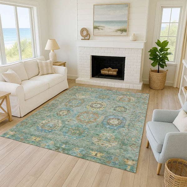 HomeRoots 5' Teal Blue Gold Copper Medallion Washable Area Rug - Durable Indoor/Outdoor Design for Every Space 639432