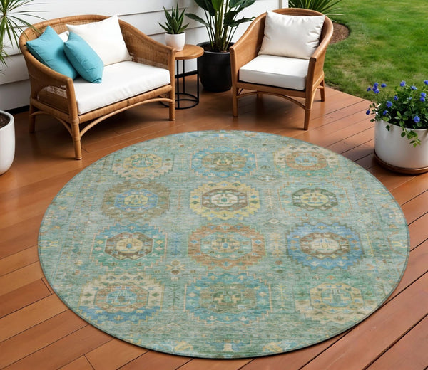 HomeRoots 8' Teal Blue Round Medallion Area Rug – Washable, Durable, Perfect for Indoor & Outdoor Spaces! 639433