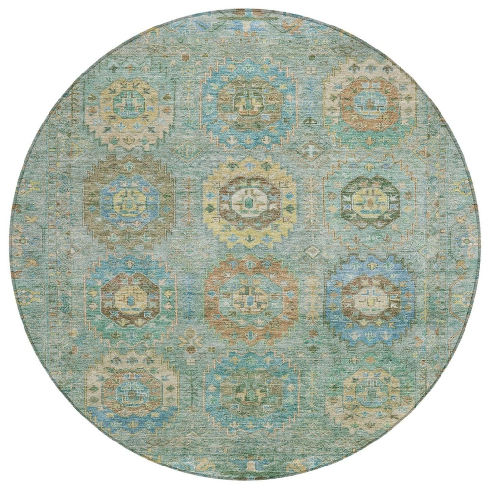 HomeRoots 8' Teal Blue Round Medallion Area Rug – Washable, Durable, Perfect for Indoor & Outdoor Spaces! 639433
