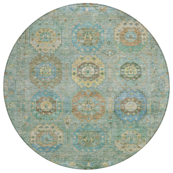 HomeRoots 8' Teal Blue Round Medallion Area Rug – Washable, Durable, Perfect for Indoor & Outdoor Spaces! 639433