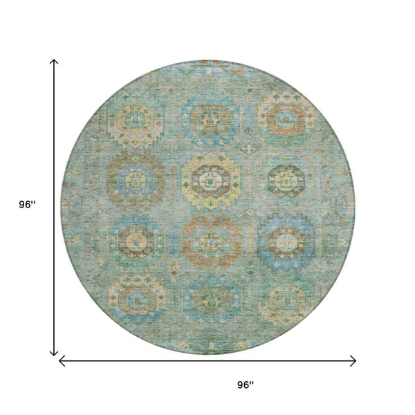 HomeRoots 8' Teal Blue Round Medallion Area Rug – Washable, Durable, Perfect for Indoor & Outdoor Spaces! 639433