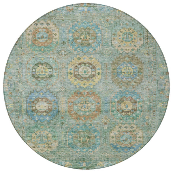 HomeRoots 8' Teal Blue Round Medallion Area Rug – Washable, Durable, Perfect for Indoor & Outdoor Spaces! 639433